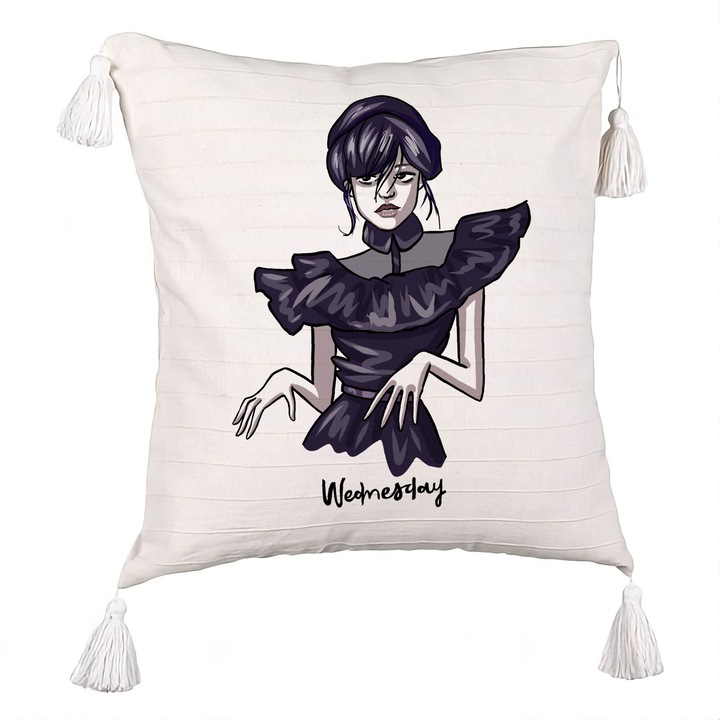 Perna Personalizata cu Franjuri, Model Wednesday Addams Dancing Hands 1, 40x40 cm, Ecru, Cu fermoar