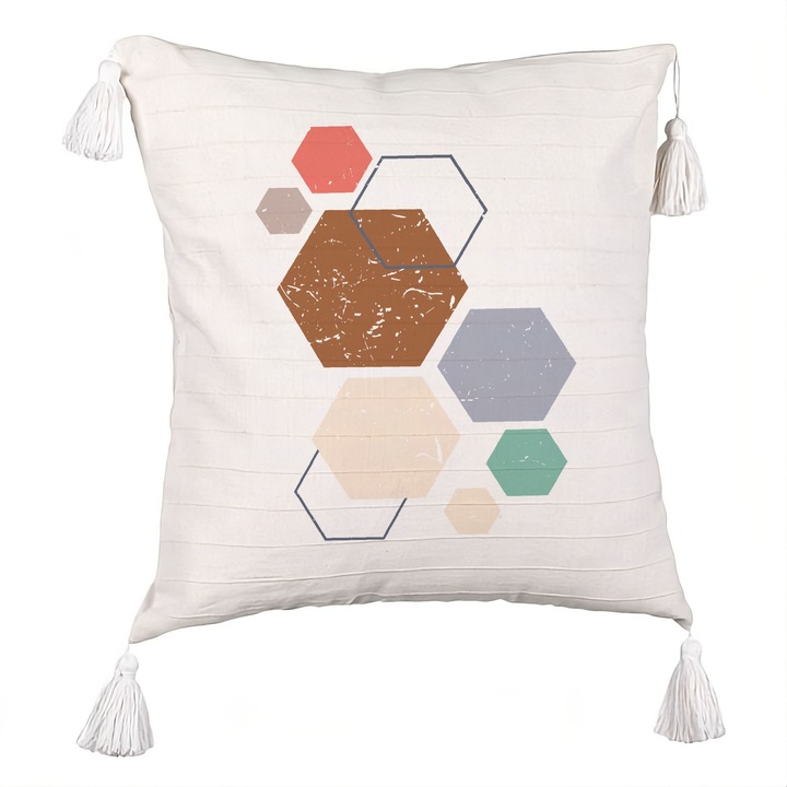 Perna Personalizata cu Franjuri, Model Forme Geometrice 3, Multicolor 40x40 cm, Ecru, Cu fermoar
