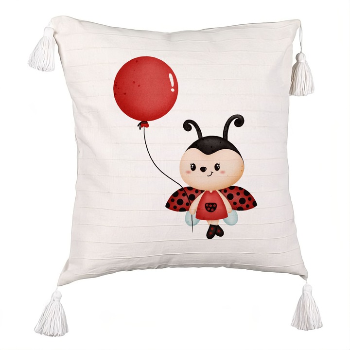 Perna Decorativa cu Franjuri, Model Buburuza cu Balon, 40x40 cm, Ecru, Cu fermoar