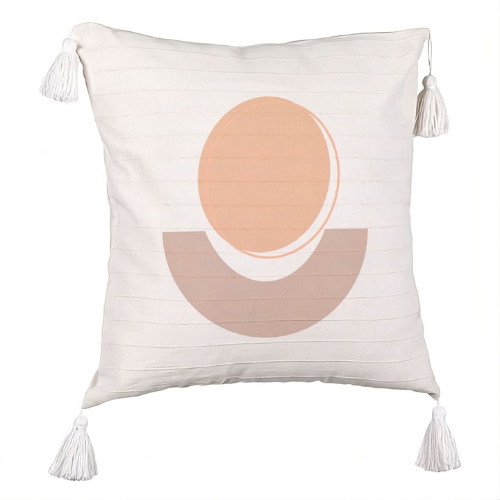 Perna Personalizata cu Franjuri, Model Abstracta 7, 40x40 cm, Ecru, Cu fermoar