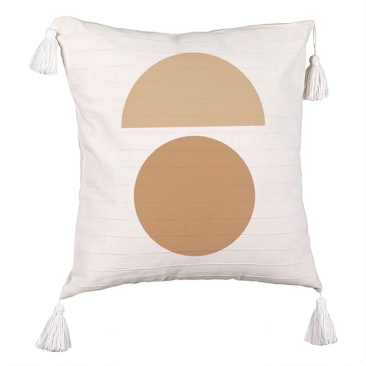 Perna Personalizata cu Franjuri, Model Abstract Creativ 9, 40x40 cm, Ecru, Cu fermoar