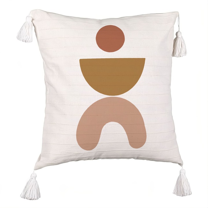 Perna Personalizata cu Franjuri, Model Abstract Creativ 7, 40x40 cm, Ecru, Cu fermoar