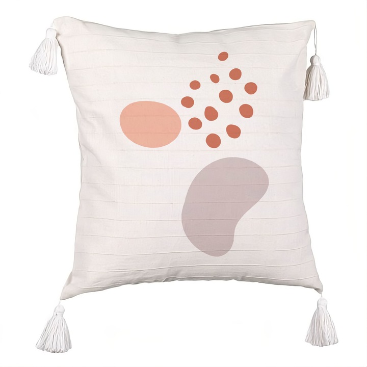 Perna Personalizata cu Franjuri, Model Abstracta 11, 40x40 cm, Ecru, Cu fermoar