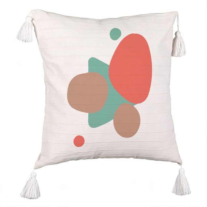 Perna Personalizata cu Franjuri, Model Abstracta 10, 40x40 cm, Ecru, Cu fermoar