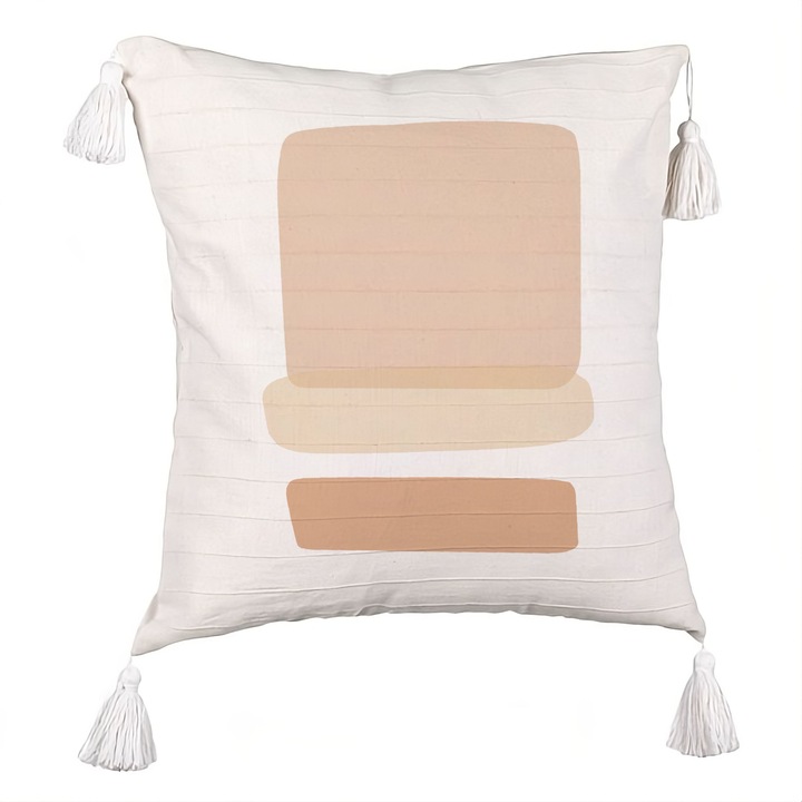 Perna Personalizata cu Franjuri, Model Abstracta 12, 40x40 cm, Ecru, Cu fermoar