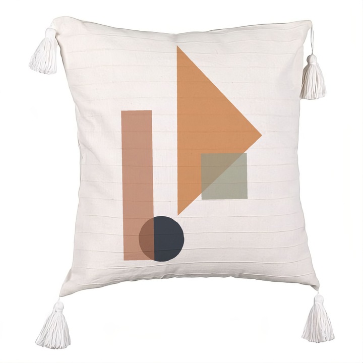 Perna Personalizata cu Franjuri, Model Forme Geometrice 1, Multicolor, 40x40 cm, Ecru, Cu fermoar