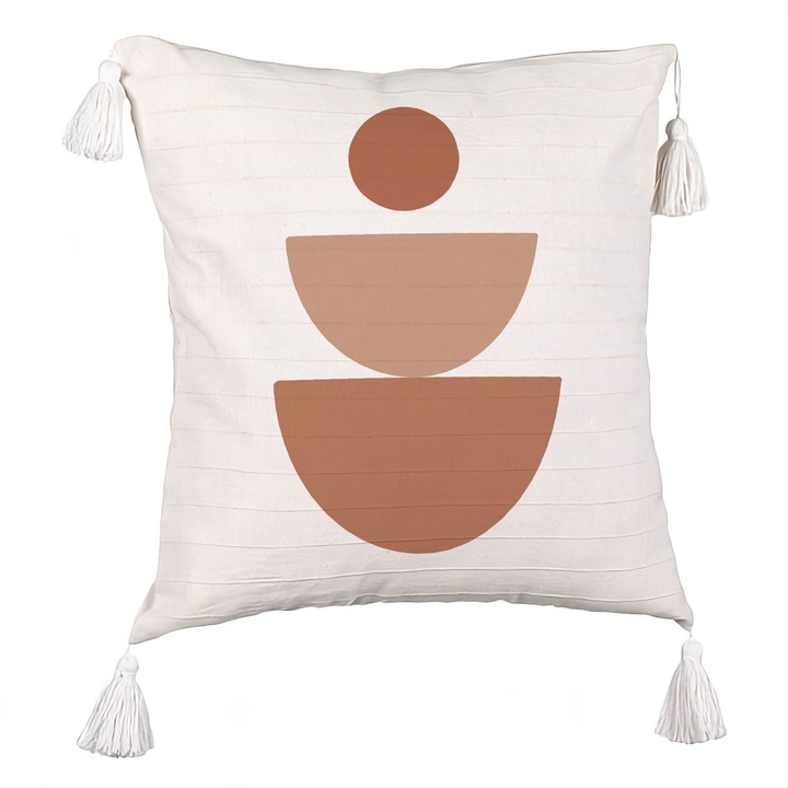 Perna Personalizata cu Franjuri, Model Abstract Creativ 5, 40x40 cm, Ecru, Cu fermoar