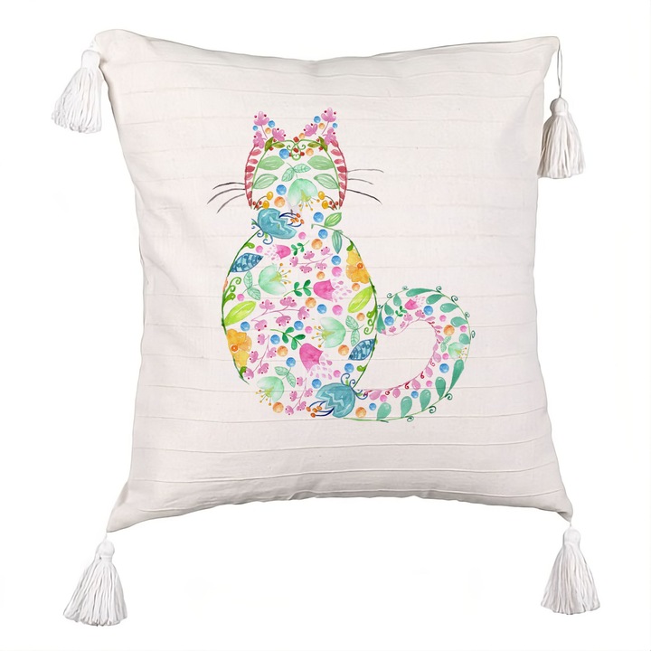 Декоративна възглавница с ресни, котка с цветя, многоцветна, 40x40 см, екрю, с цип