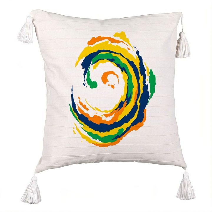 Perna Personalizata cu Franjuri, Model Spirala, MuIicolor, 40x40 cm, Ecru, Cu fermoar