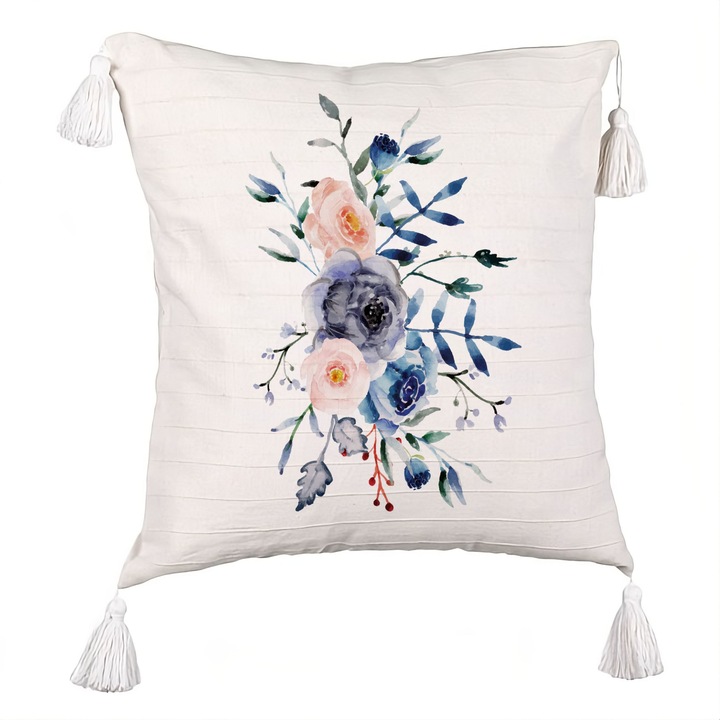 Perna Decorativa cu Franjuri, Model Florale Ecrustre, 40x40 cm, Ecru, Cu fermoar