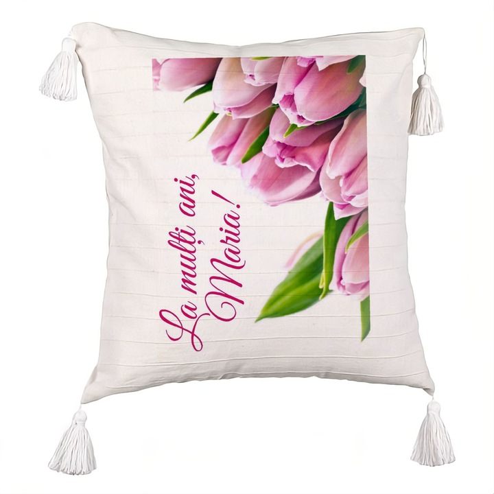 Perna Personalizata cu Franjuri, Model La multi ani Maria, 40x40 cm, Ecru, Cu fermoar