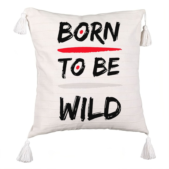 Személyre szabott rojtos párna, Born to Be Wild modell, 40x40 cm, Ecru, cipzárral