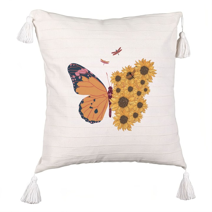 Perna Personalizata cu Franjuri, Model SunFlower Butterfly, 40x40 cm, Ecru, Cu fermoar