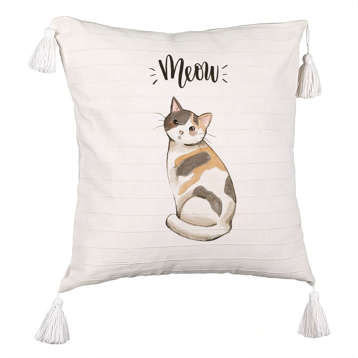 Perna Decorativa cu Franjuri, Model Meow, 40x40 cm, Ecru, Cu fermoar