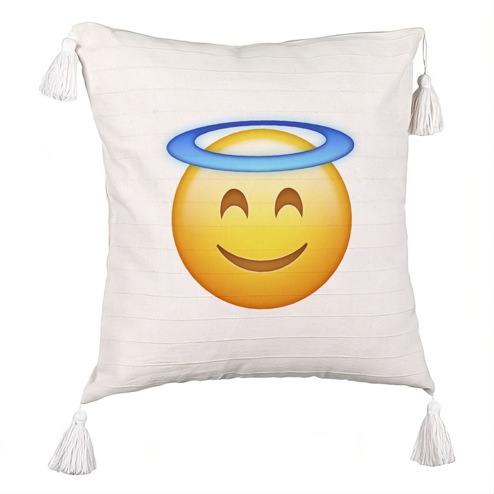 Személyre szabott párna rojtokkal, Zen Emoji modell, 40x40 cm, Ecru, Cipzárral