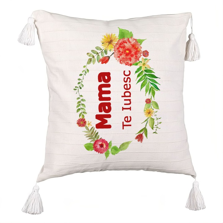 Perna Personalizata cu Franjuri, Model Pentru Mama Te iubesc 2, 40x40 cm, Ecru, Cu fermoar