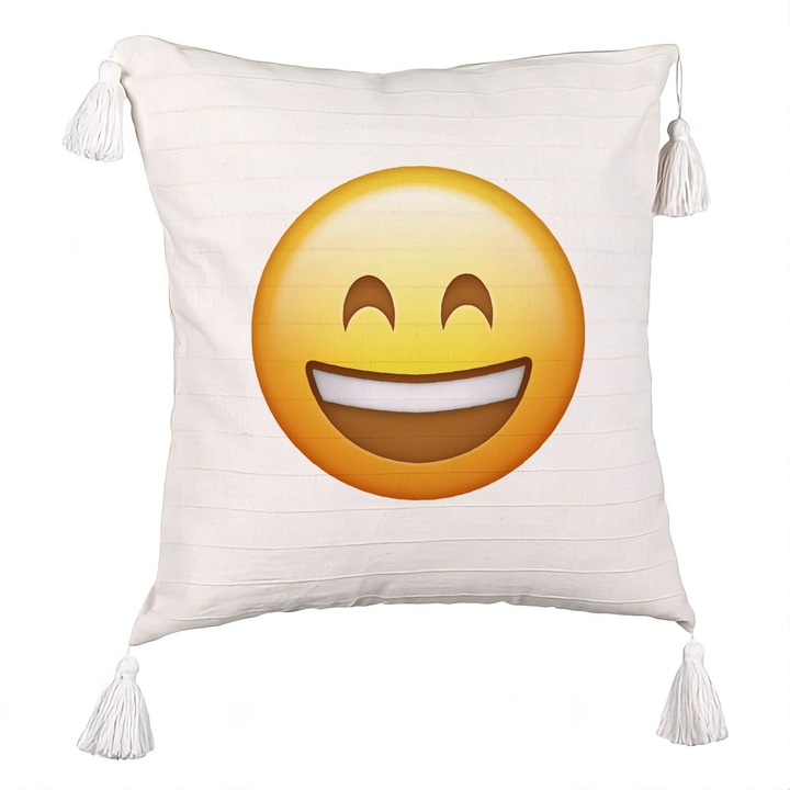 Perna Decorativa cu Franjuri, Model Emoji Fericit, 40x40 cm, Ecru, Cu fermoar