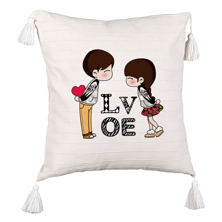Perna Decorativa cu Franjuri, Model Super Love, 40x40 cm, Ecru, Cu fermoar