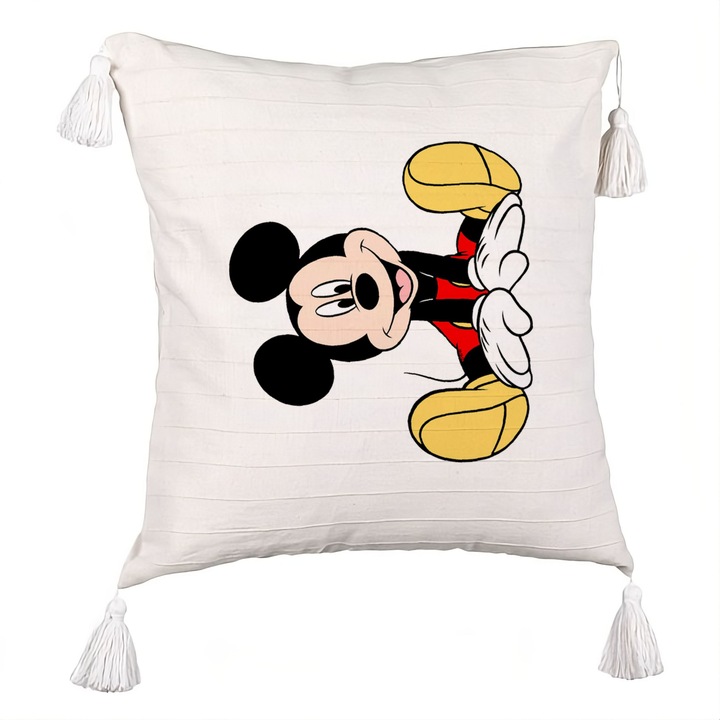Perna Decorativa cu Franjuri, Model copii Mickey Mouse, 40x40 cm, Ecru, Cu fermoar
