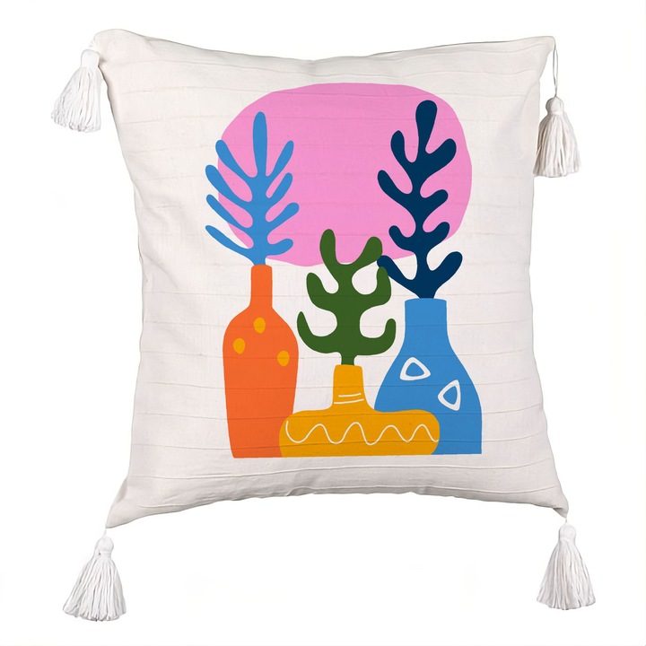 Perna Personalizata cu Franjuri, Model Abstracta 2, 40x40 cm, Ecru, Cu fermoar