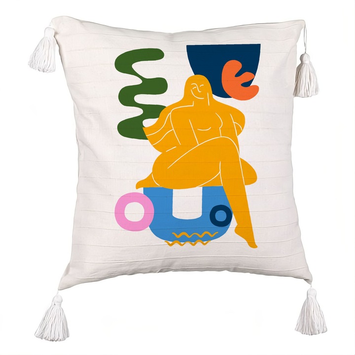 Perna Personalizata cu Franjuri, Model Abstracta 3, 40x40 cm, Ecru, Cu fermoar