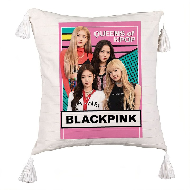 Perna Personalizata cu Franjuri, Model Blackpink K-POP, 40x40 cm, Ecru, Cu fermoar