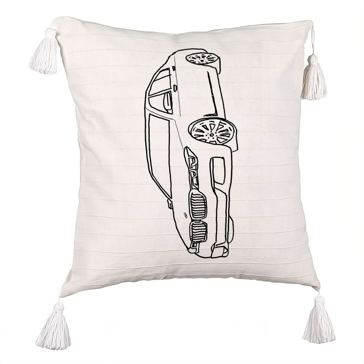 Perna Personalizata cu Franjuri, Model BMW Lover, 40x40 cm, Ecru, Cu fermoar