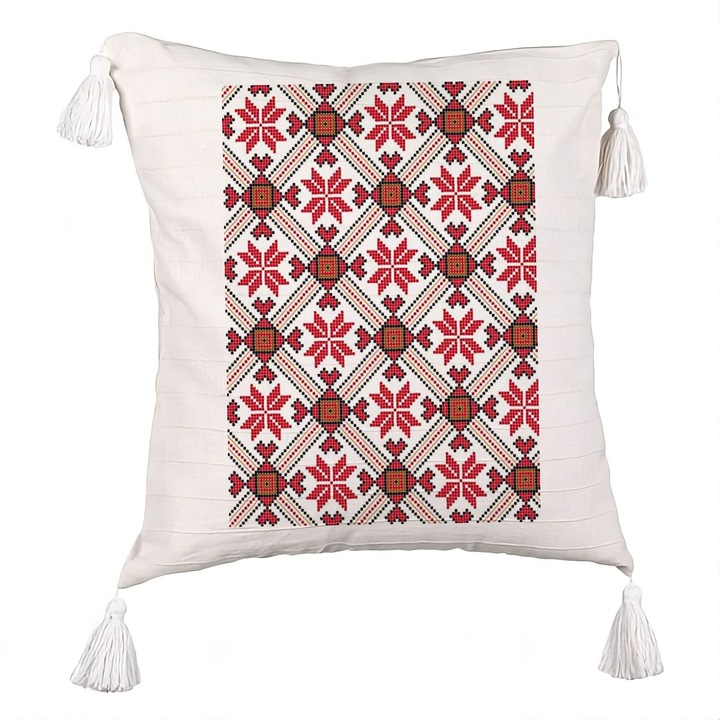 Perna Decorativa cu Franjuri, Model cu Motive Romanesti 2, 40x40 cm, Ecru, Cu fermoar