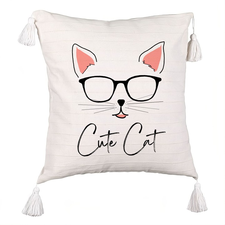 Декоративна възглавница с ресни, модел сладка котка, 40x40 см, екрю, с цип