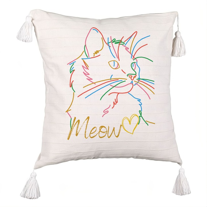 Perna Personalizata cu Franjuri, Model Pisica Meow, 40x40 cm, Ecru, Cu fermoar