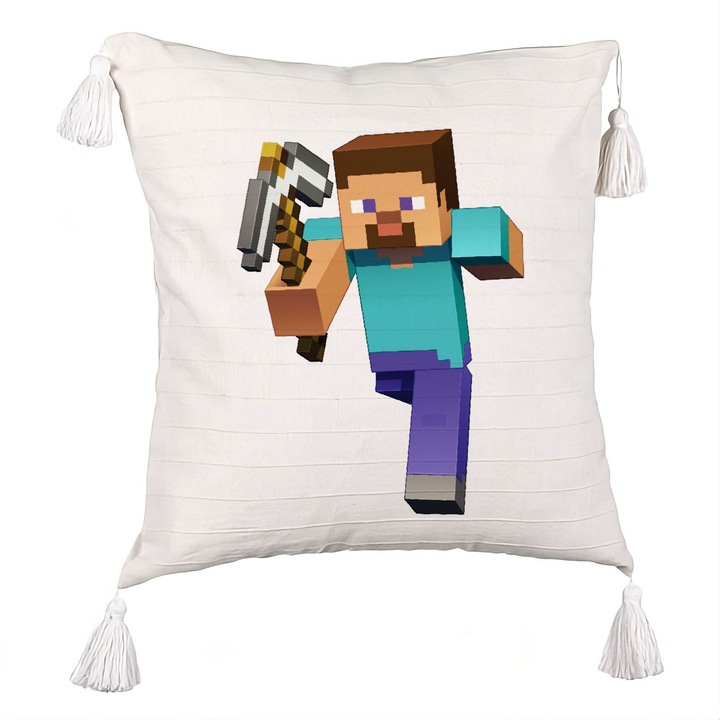 Perna Decorativa cu Franjuri, Model Minecraft Mining Steve 8bit, 40x40 cm, Ecru, Cu fermoar