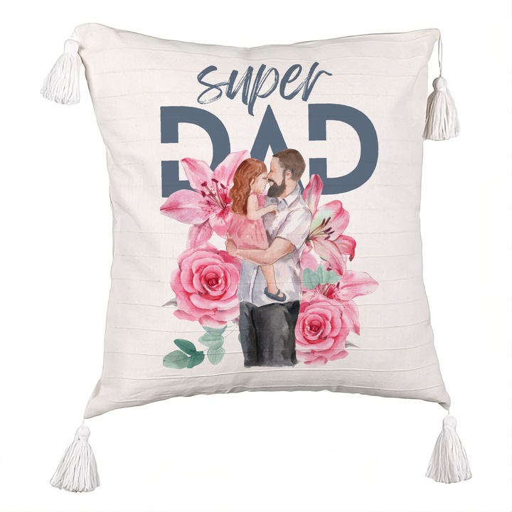 Perna Decorativa cu Franjuri, Model Super DAD Fetite, 40x40 cm, Ecru, Cu fermoar