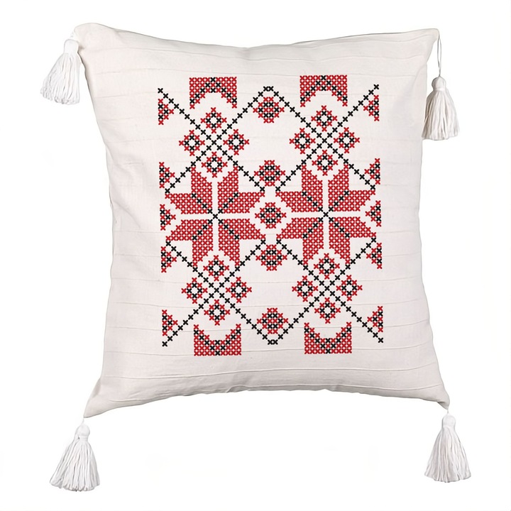 Perna Decorativa cu Franjuri, Model cu Motive Romanesti, 40x40 cm, Ecru, Cu fermoar