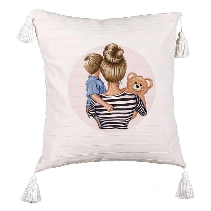 Perna Decorativa cu Franjuri, Model Mommy's Boy, 40x40 cm, Ecru, Cu fermoar