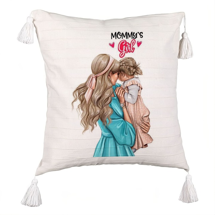 Perna Decorativa cu Franjuri, Model Mommy's Girl, 40x40 cm, Ecru, Cu fermoar