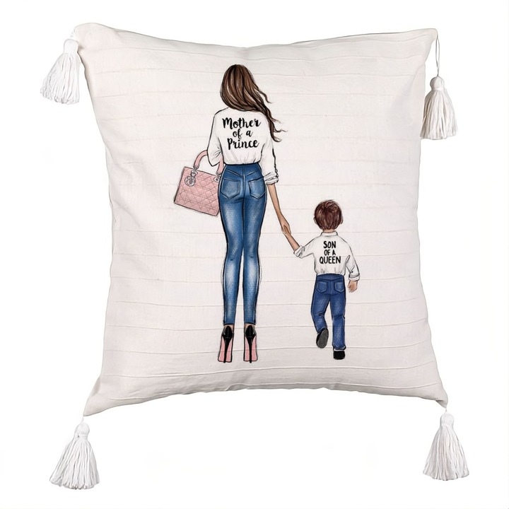 Perna Decorativa cu Franjuri, Model Mother of a Prince, 40x40 cm, Ecru, Cu fermoar