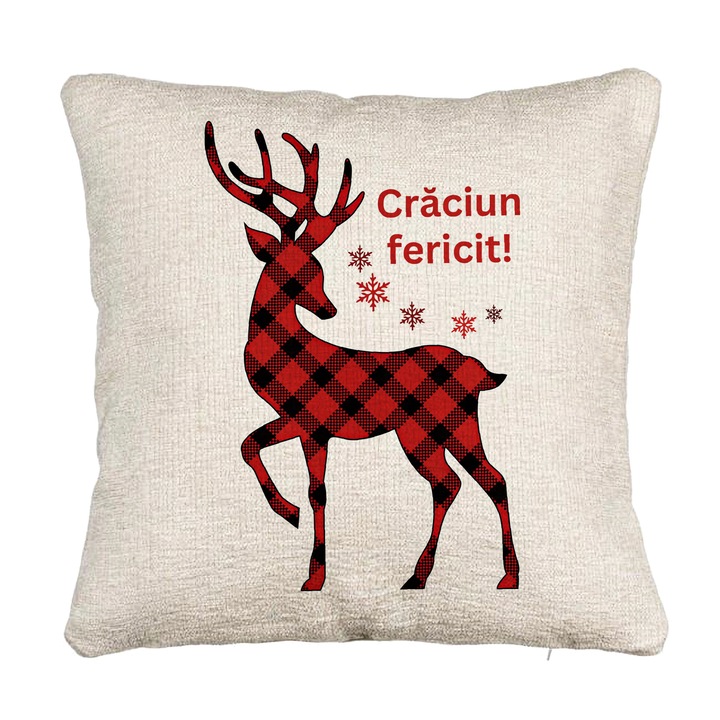 Kanapé dekoratív párna karácsonyi témával, rénszarvas és szöveg 4, 40x40 cm, cipzárral