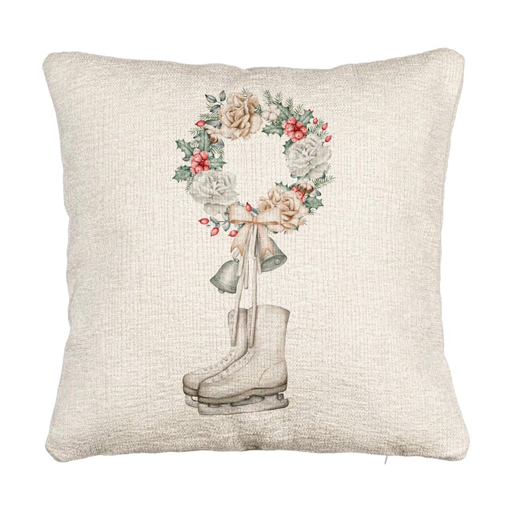 Perna Personalizata Canapea de Craciun, Patine gheata si Coronita, 40x40 cm, Cu fermoar