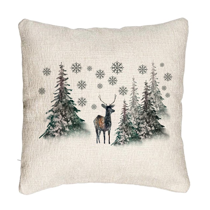 Karácsonyi kanapé dekoratív párna, fenyő és szarvas táj, 40x40 cm, cipzárral