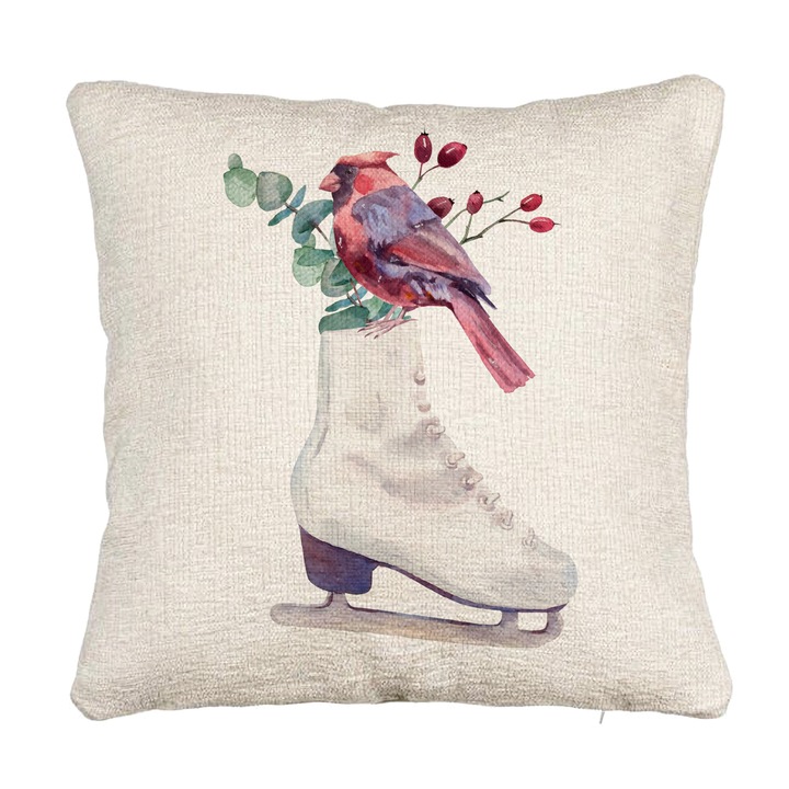 Perna Personalizata Canapea de Craciun, Patine gheata si Pasare Color, 40x40 cm, Cu fermoar