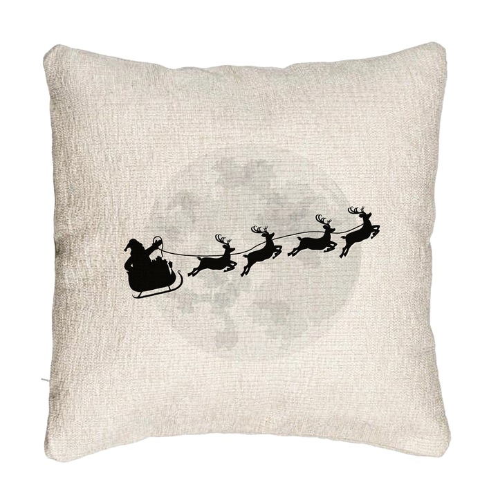 Perna Personalizata Canapea de Craciun Reni la Sanie, 40x40 cm, Cu fermoar