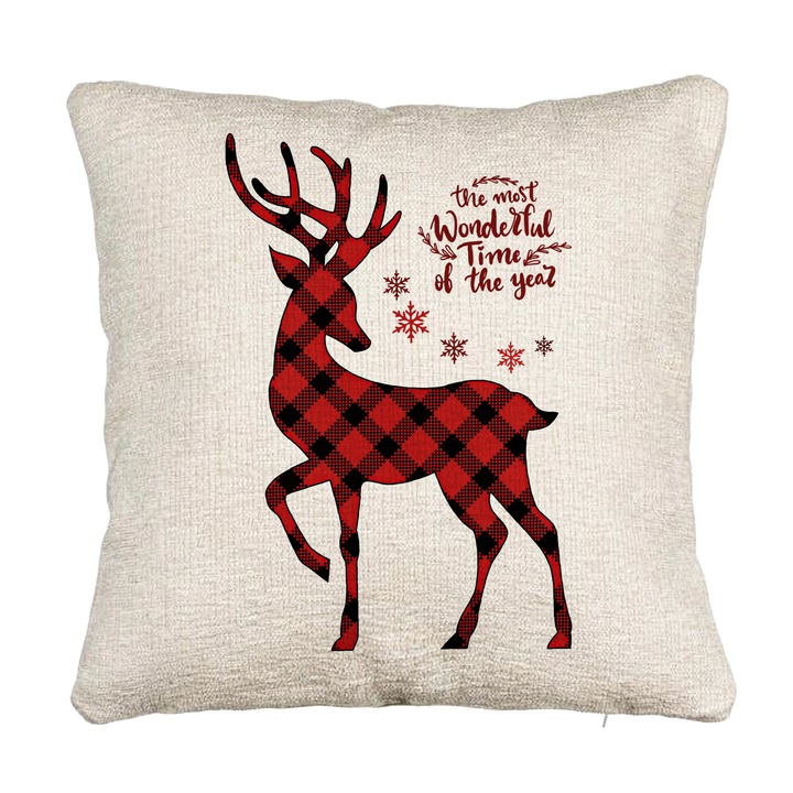 Perna Personalizata Canapea de Craciun cu Ren si Text 2, 40x40 cm, Cu fermoar
