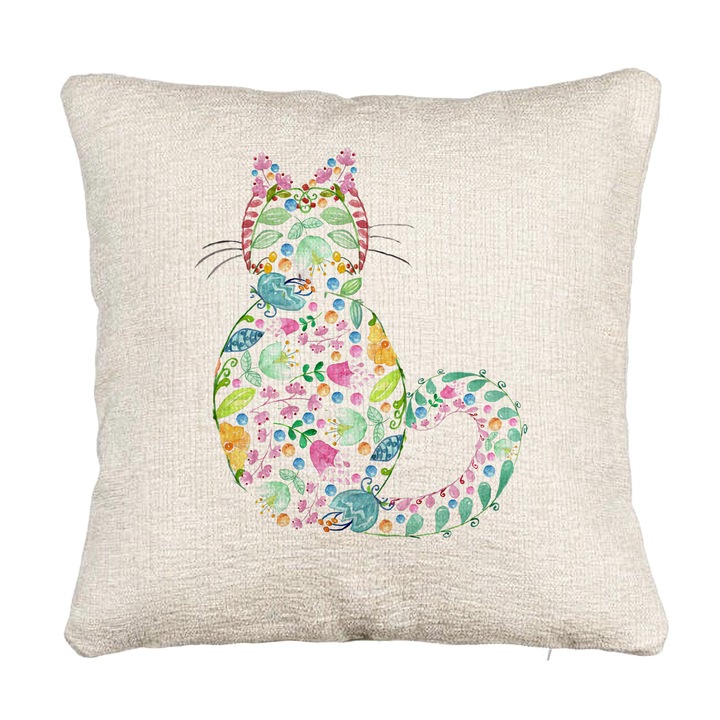 Perna Personalizata Canapea, Model Pisica cu Flori, Multicolor, 40x40 cm, Cu fermoar