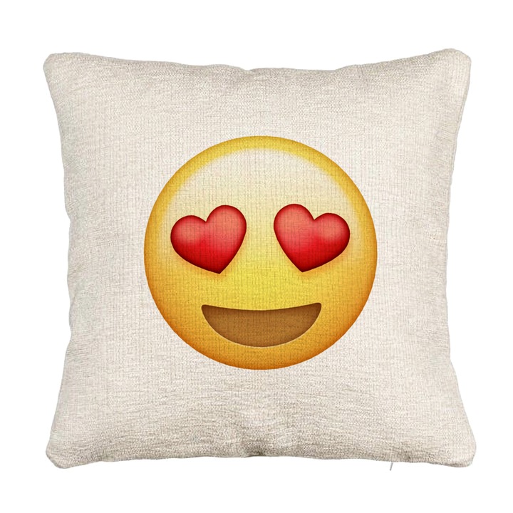 Kanapé dekoratív párna, Emoji lány modell szívvel, 40x40 cm, cipzárral