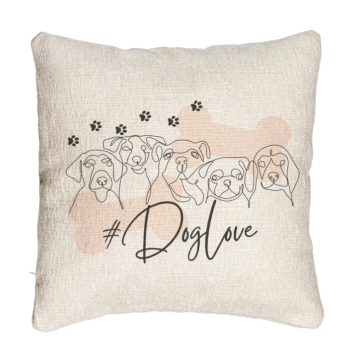 Perna Personalizata Canapea, Model Dog Love, 40x40 cm, Cu fermoar