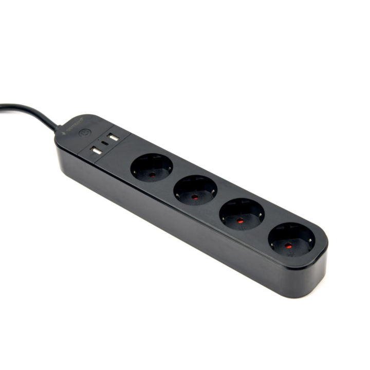 Gembird okos hálózati elosztó, 4 db aljzat + 2 db USB-A és 1 USB-C töltő csatlakozó, Tuya applikációval működik, hangvezérlés Alexa és Google Asszisztens-sel, fekete