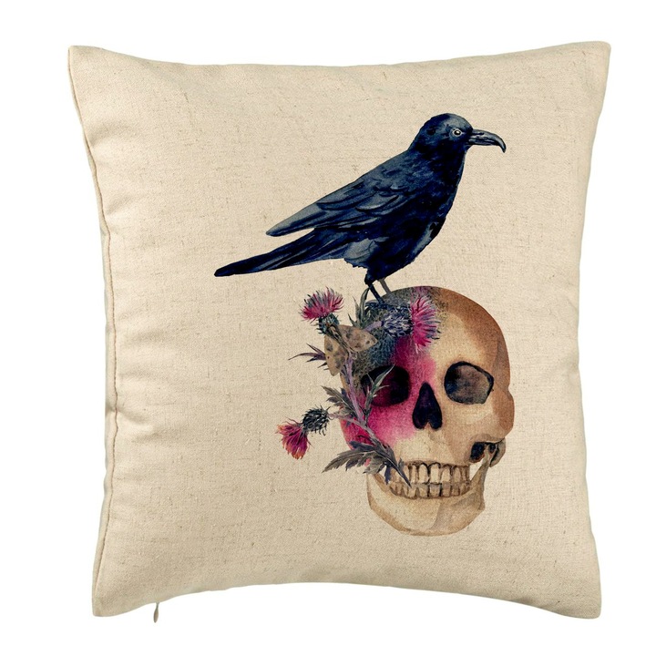 Perna Decorativa cu motiv Craniu si Cioara de Halloween, 40x40 cm, Bej, Husa Detasabila, Burduf