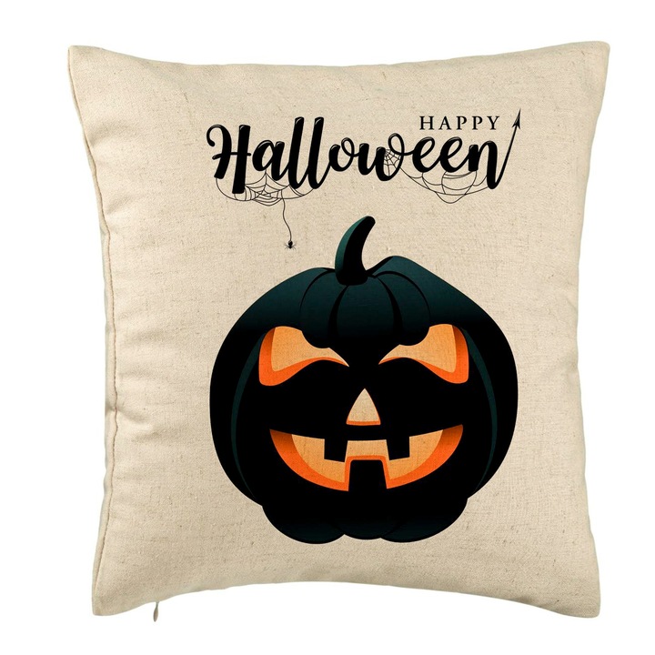 Dekoratív párna Halloween tök motívummal és szöveggel, 40x40 cm, Bézs, Levehető huzat, Fújtató