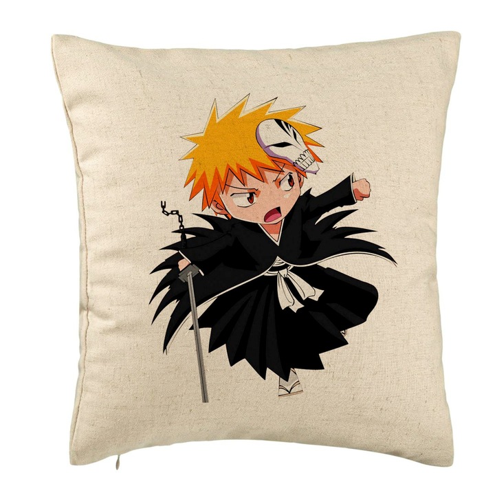 Perna Personalizata cu Bleach Mini Ichigo, 40x40 cm, Bej, Husa Detasabila, Burduf