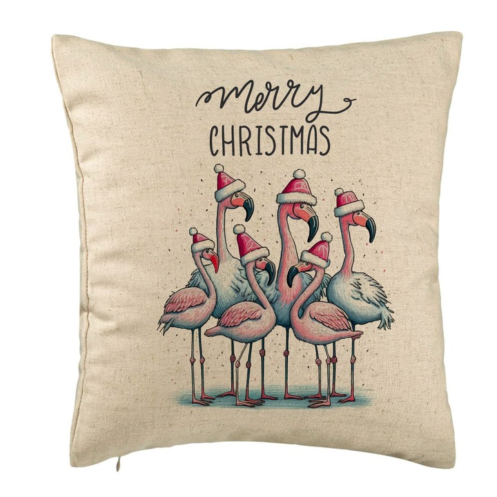 Dekoratív párna karácsonyi témával, flamingó és szöveg, 40x40 cm, bézs, levehető huzat, fújtató